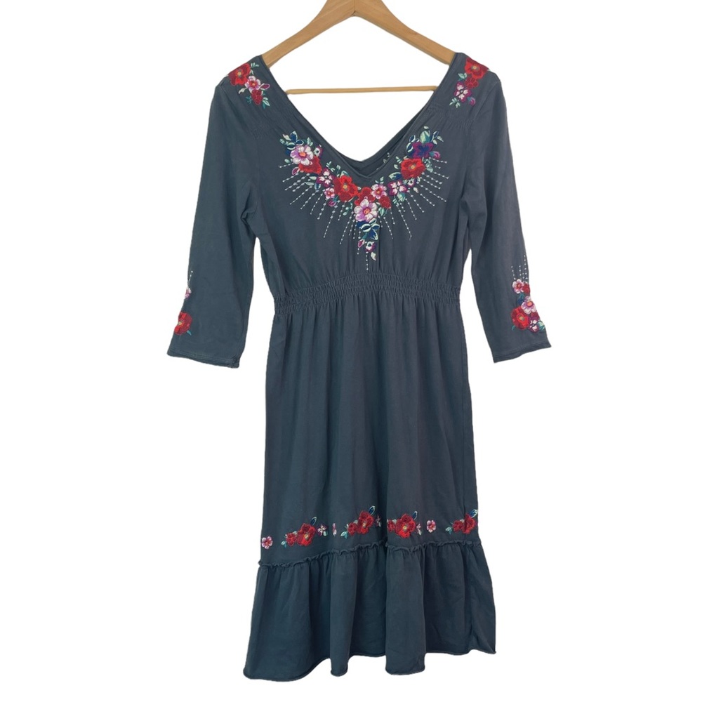 Johnny Was JWLA Gray Cotton Embroidered Boho Peasant Dress Size Small